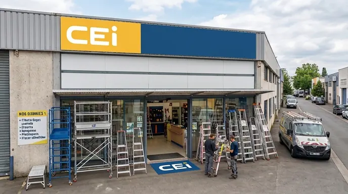 Façade du comptoir C.E.I avec échafaudage roulant et échelles exposés devant le magasin